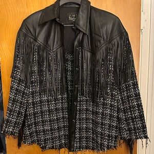 Black Fringe Tweed & Leather Jacket